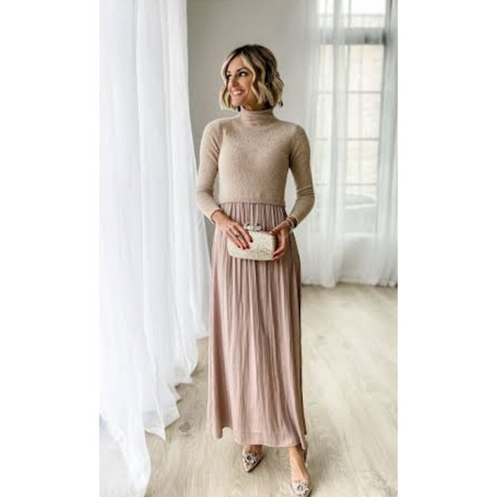 Anthropologie Neutral Knit Top with Dusty Rose Pleated Maxi Skirt